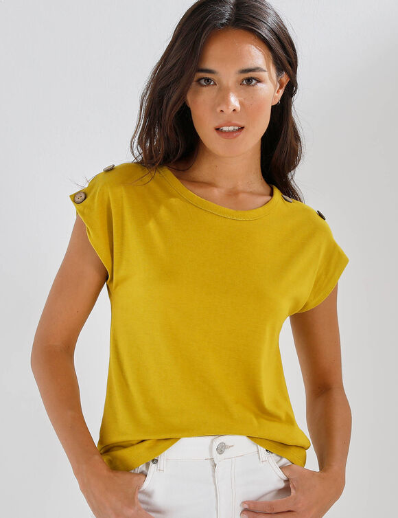 T-shirt uni d&eacute;tail boutonn&eacute; maille jersey (vert mousse)