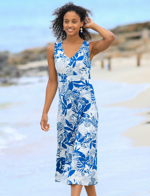 Robe longue imprim&eacute;e sans manches (&eacute;cru / bleu)