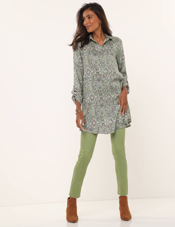 Tunique longue col chemise, imprimé cachemire (tilleul)