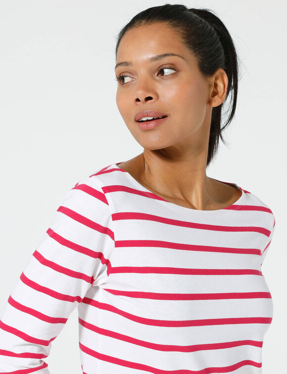 T-shirt marinière manches longues, coton biologique(**) (blanc / framboise)
