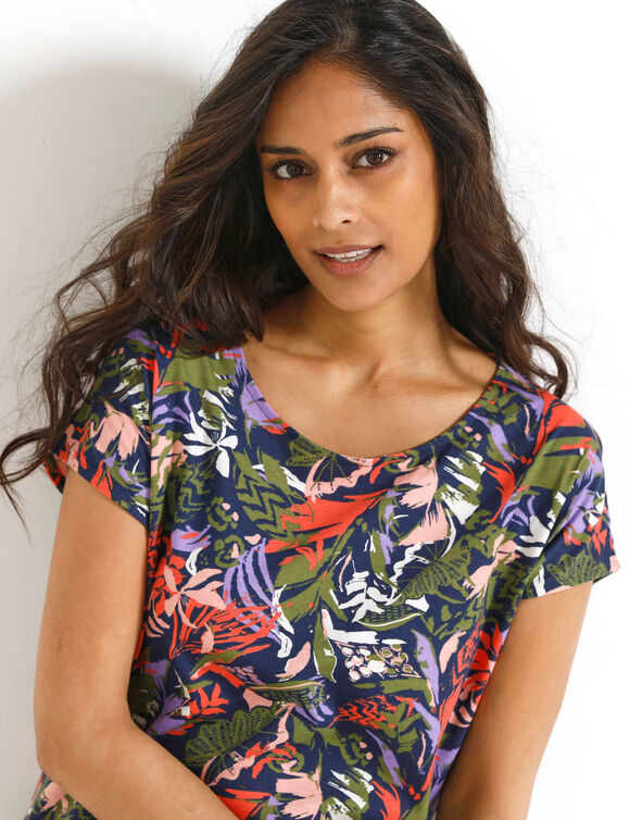 T-shirt manches courtes, imprim&eacute; tropical (marine / vert)