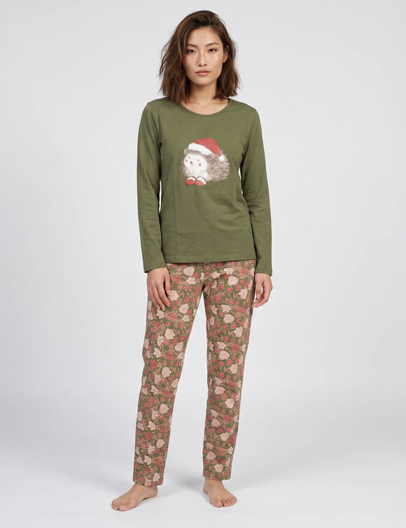 Pyjama imprim&eacute; "h&eacute;risson" - pochon assorti offert (kaki / rouge)