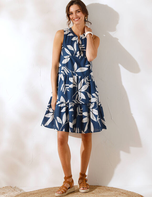 Robe courte imprim&eacute;e sans manches (bleu / &eacute;cru)