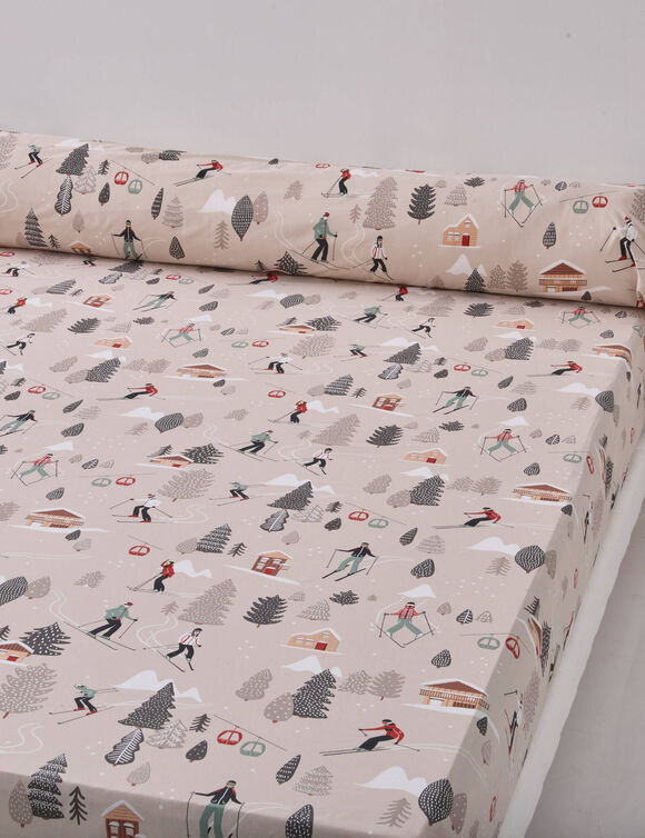 Linge de lit en coton impim&eacute; motif skieurs (beige)