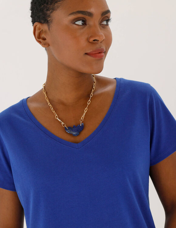 T-shirt col V uni manches courtes, coton (bleu dur)