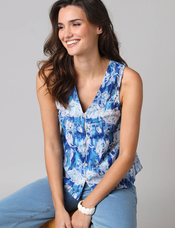 Blouse &agrave; godets imprim&eacute; fleuri, sans manches (bleu)