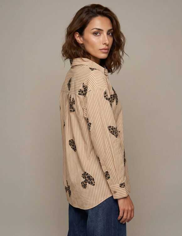 Chemise longue oversize en coton, rayures et imprim&eacute; (caramel / &eacute;cru)