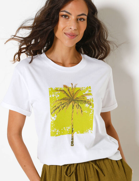 T-shirt col rond imprim&eacute; palmier, volume loose (wit / anijs)
