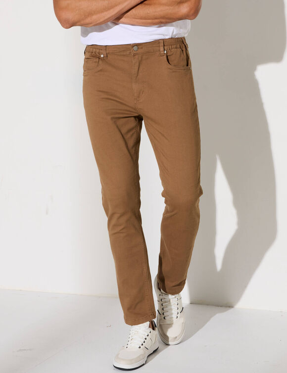 Pantalon droit 5 poches twill coton extensible (marron clair)