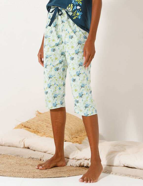 3/4-pyjamabroek met bloemblaadjesprint (linde / ecru)