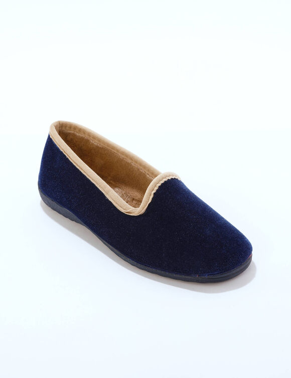 Chaussons slippers en velours, biais contrastant (bleu marine)