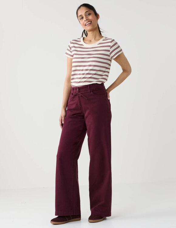 Pantalon large taille haute semi-&eacute;lastiqu&eacute;e &agrave; nouette, coton (bordeaux)