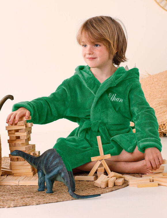 Peignoir de bain enfant &agrave; capuche personnalisable dinosaure microfibre (vert)