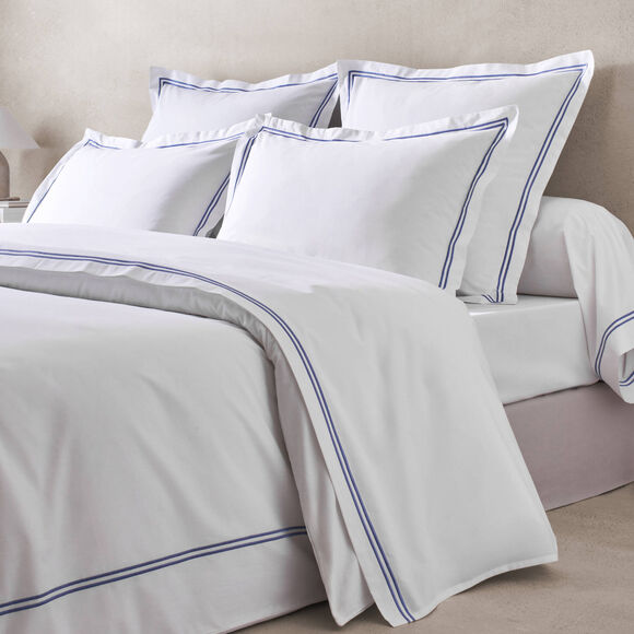 Linge de lit uni double bourdon - percale de coton 80 fils/cm&sup2; (blanc / bleu)