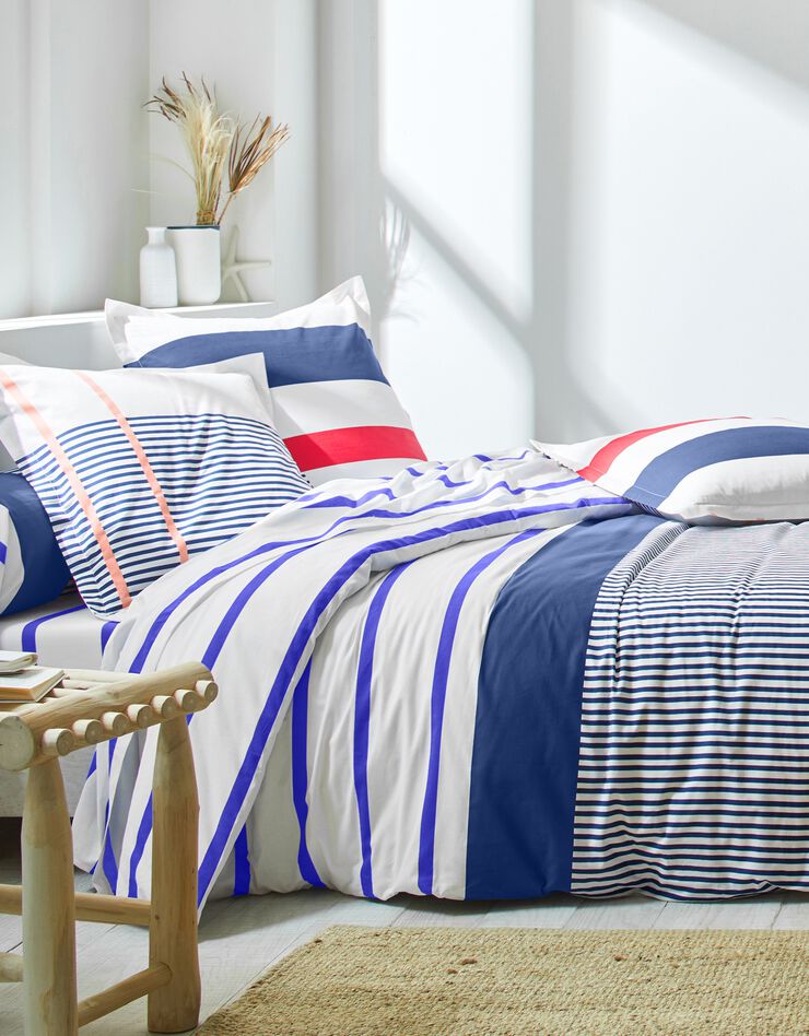 Linge de lit Marina en coton imprimé rayures (bleu)