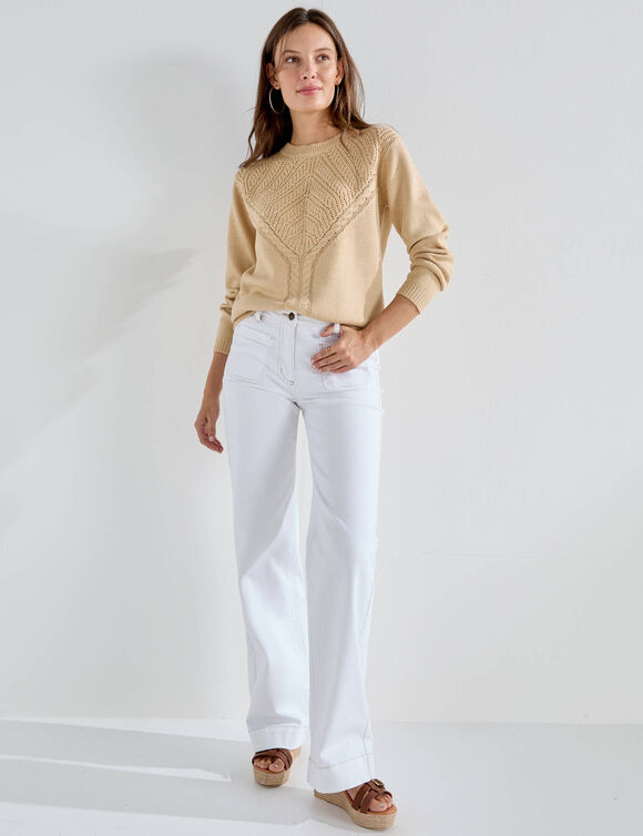 Pull col rond, maille fantaisie (beige)