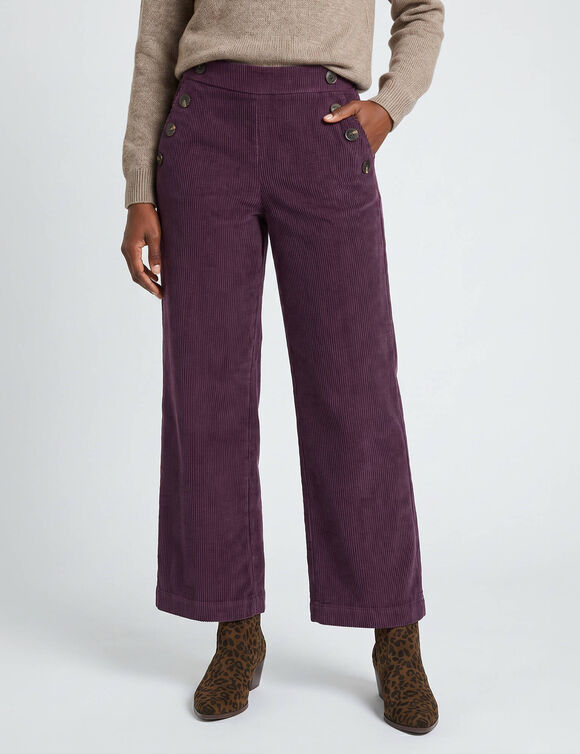 Pantalon large en velours c&ocirc;tel&eacute; effet pont (prune)