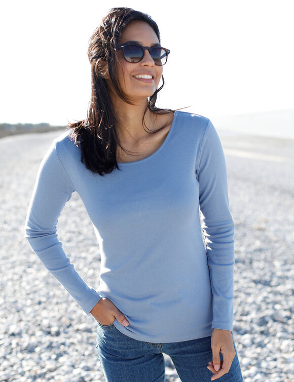 T-shirt manches longues, jersey en coton (bleu gris&eacute;)
