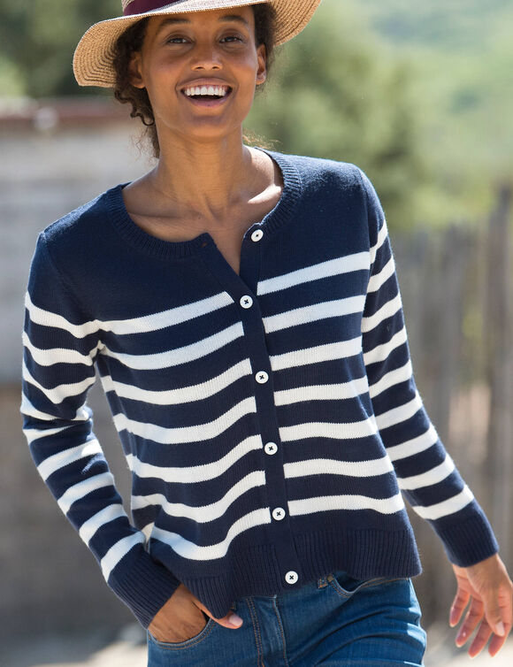 Cardigan ray&eacute; boutonn&eacute; (marine / &eacute;cru)