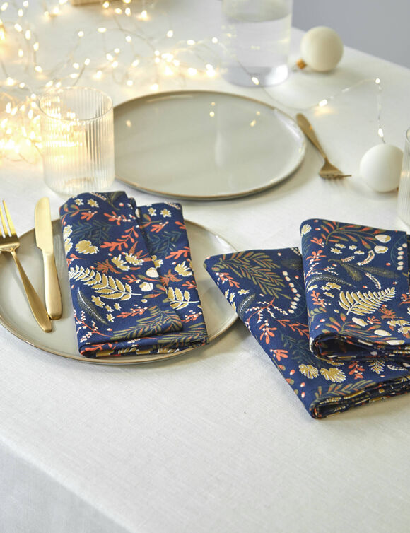 Katoenen servet met plantenprint - set van 3 (marine)