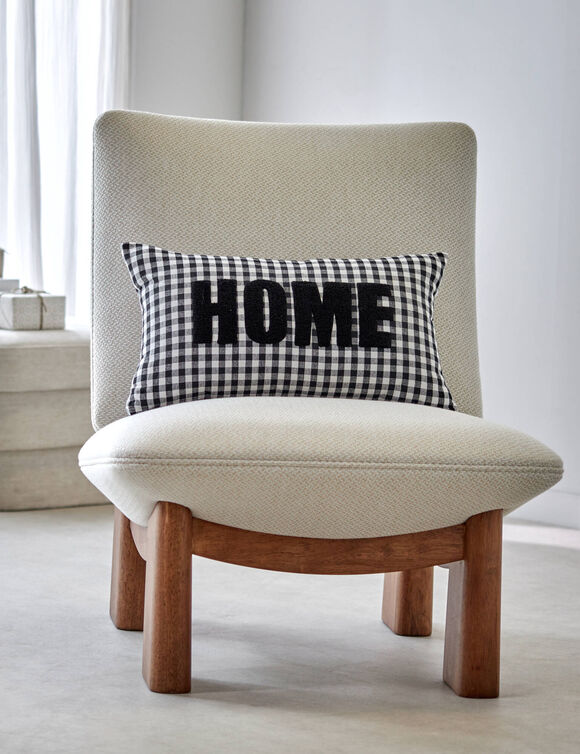 Coussin en coton, message HOME et carreaux tiss&eacute;-teint  (noir)