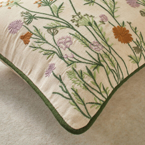 Coussin rectangulaire coton lin broderie fleurie (vert / parme)