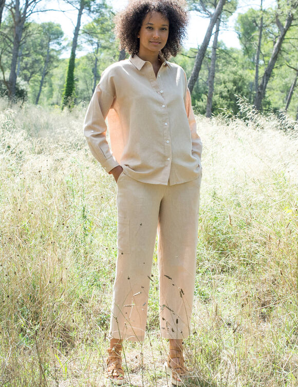 Pantacourt large &agrave; poches en coton-lin (sable)