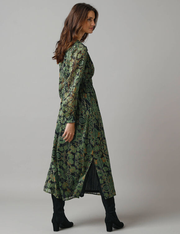 Robe manches longues détails volantés, voile jacquard imprimé (noir / vert)