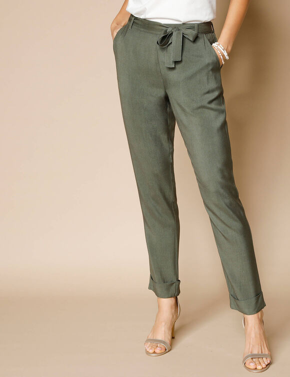 Pantalon 7/8ème fuselé uni, tissu fluide (kaki)