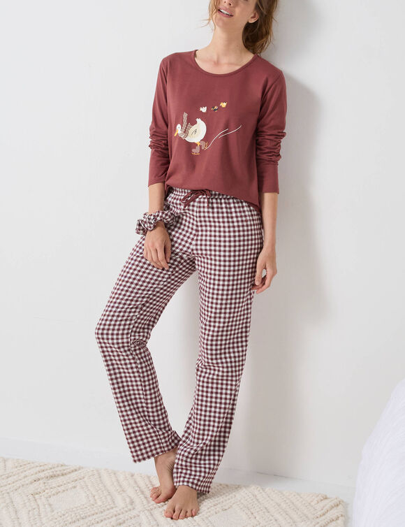 Pyjama pantalon "canards" et vichy en coton-flanelle + chouchou assorti (chocolat / &eacute;cru)