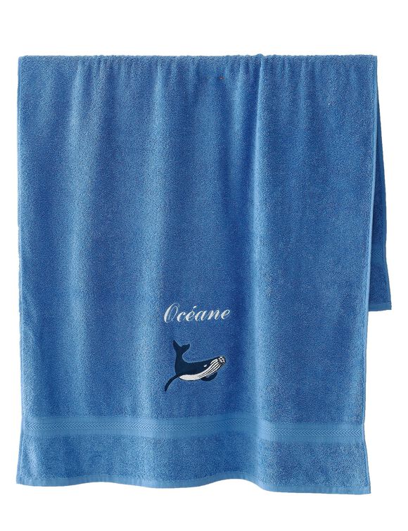 Badstof met geborduurd walvismotief, gepersonaliseerd - 420 g/m2 (felblauw)