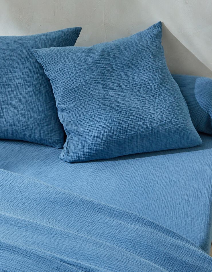 Linge de lit uni en triple gaze de coton (bleu)