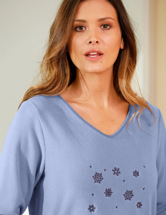 Chemise de nuit polaire manches longues brodée (bleu grisé)