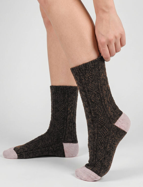 Chaussettes maille chenille torsad&eacute;e finitions contrast&eacute;es - lot de 2 paires (rouge / chocolat)