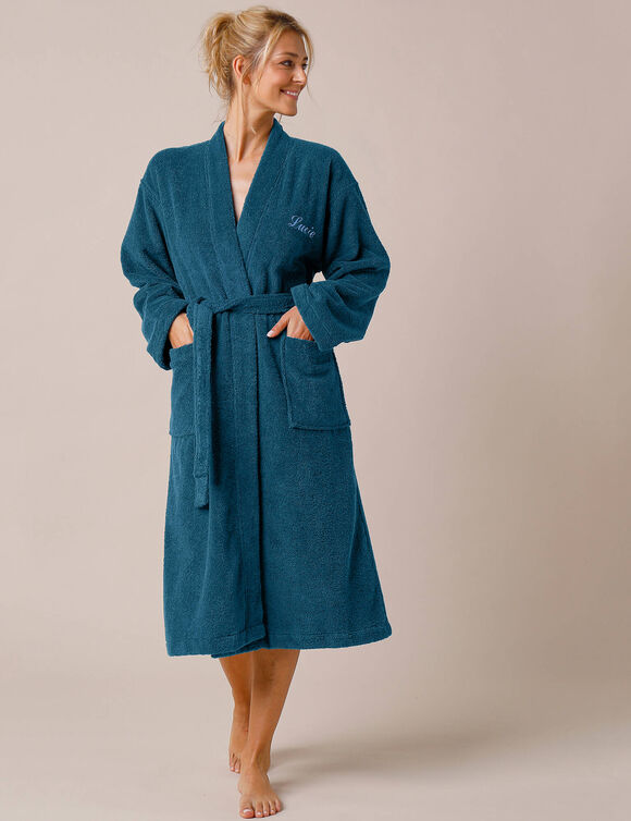 Peignoir mixte adulte uni coton éponge bouclette col kimono personnalisé (bleu paon)
