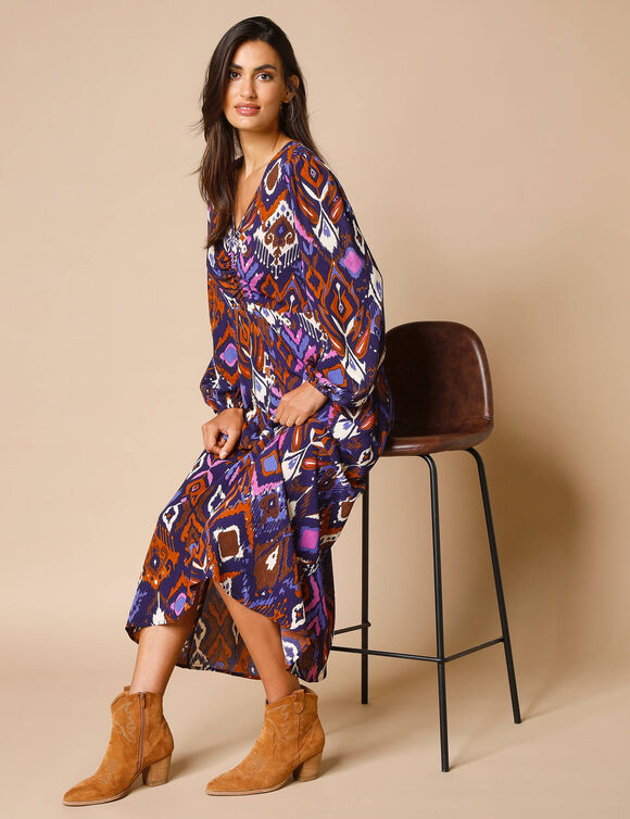 Lange jurk met V-hals, bedrukt (indigo / violine)