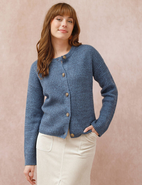 Cardigan boutonné maille anglaise manches longues (bleu chiné)