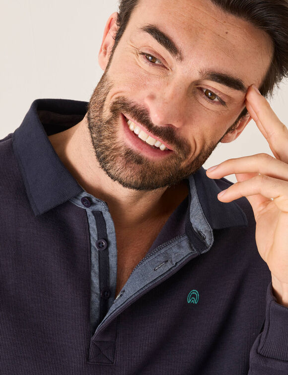 Sweat chaud col polo brod&eacute; poitrine maille c&ocirc;tel&eacute;e (marine)