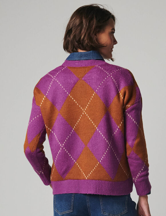 Pull col rond loose, jacquard losanges, toucher doux (violine / caramel)