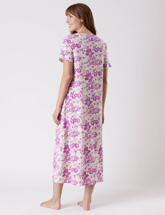 Lang nachthemd met bloemenprint - korte mouwen (violine)