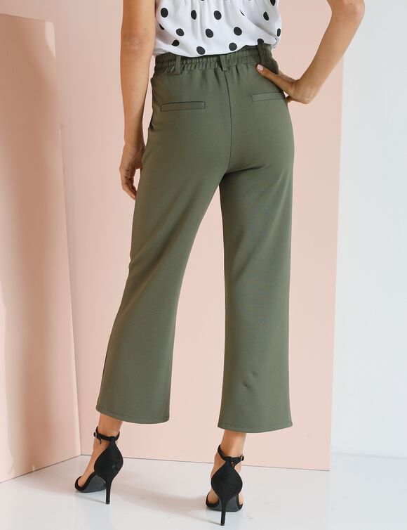 Pantalon droit raccourci, maille milano (kaki)