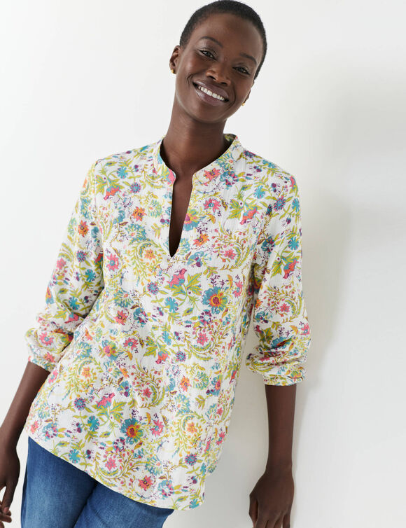 Tuniek met bloemenprint, Tunesische hals (ecru / groen)