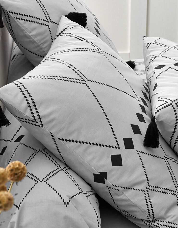 Bedlinnen Massai, in katoen met grafische motieven, afgewerkt met pompons (grijs)