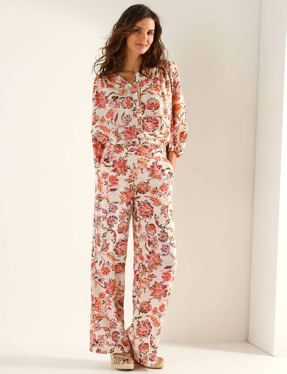 Wijde, soepele broek, Indiase bloemenprint (ecru)