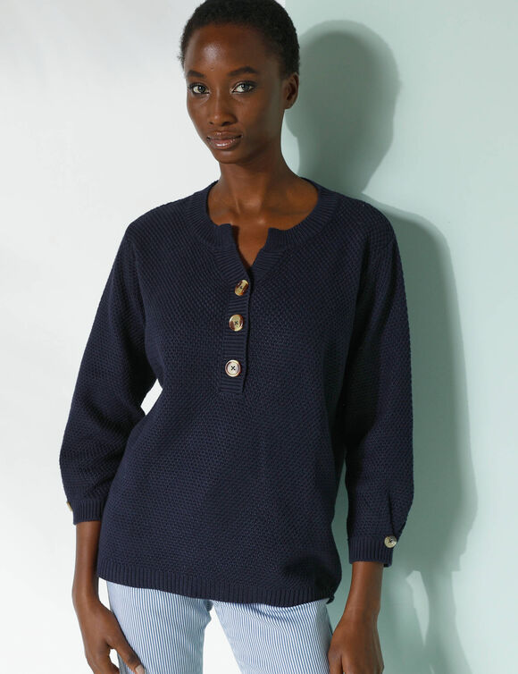 Pull col tunisien manches 3/4, maille fantaisie (marine)
