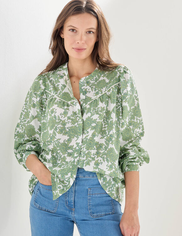 Chemisier imprim&eacute; bicolore, voile de coton (&eacute;cru / vert)