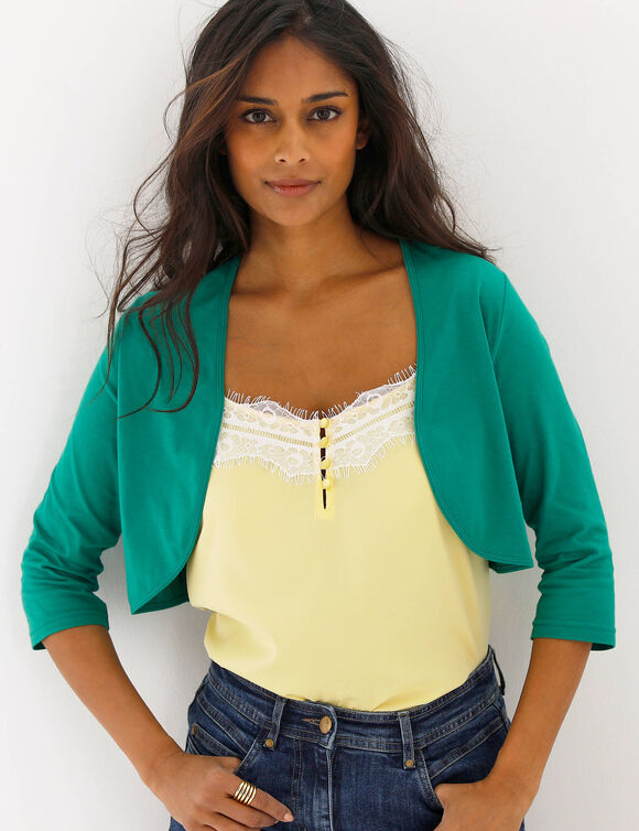 Bol&eacute;ro manches 3/4 uni, coton m&eacute;lang&eacute; (vert &eacute;meraude)