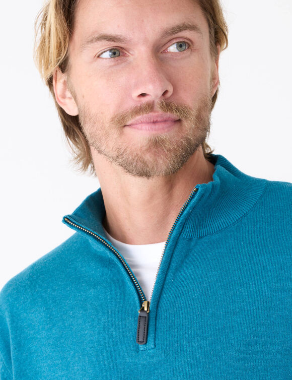 Pull pur coton col camionneur  (bleu canard chin&eacute;)