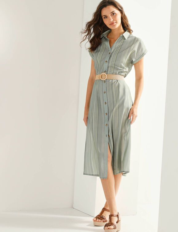 Robe chemise ray&eacute;e, manches courtes, coton fils tiss&eacute;s teints (kaki)