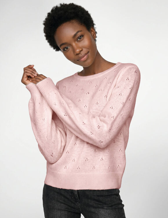 Pull col rond, maille pointelle toucher doux (rose poudr&eacute;)